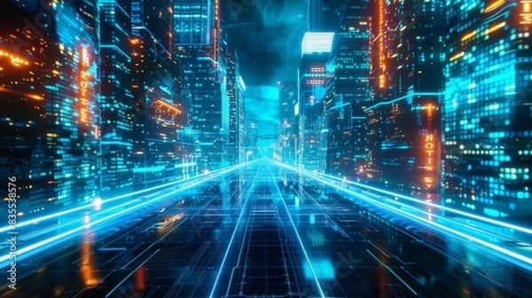 Fototapeta A futuristic cityscape with glowing holographic streets, showcasing advanced technology and skyscrapers