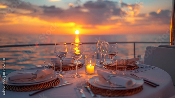 Fototapeta Spacious super yacht outdoor lounge area with a glowing stone bar, harmonized by teak decking and pristine white furniture-4