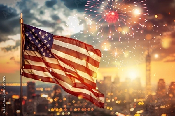 Fototapeta A close-up of the American flag with a vivid and colorful fireworks display in the background and city.