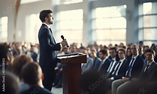 Fototapeta Public speaker talking in front of audience, Successful businessman holds business conference for the press, Speaker at Business Conference and Presentation