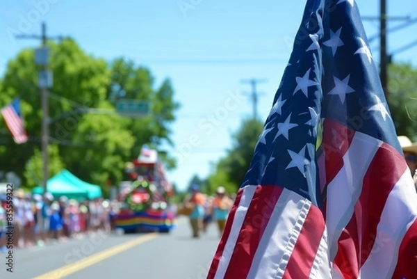 Fototapeta Close-up of the American flag waving in the foreground with a vibrant summer parade taking place in the background during 4 July, independence day of USA