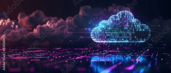 Fototapeta Cloud computing visual with blue golden digits and code, representing AIdriven data processing, secure data lakes, and cloud security