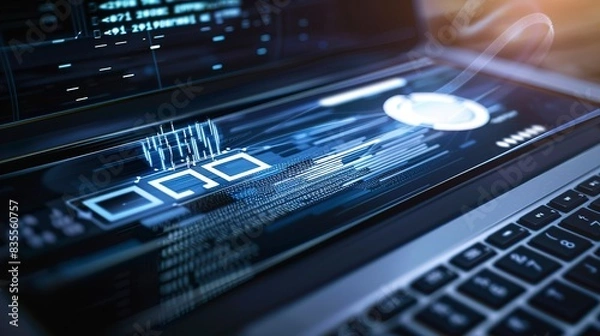 Fototapeta Close-up of a critical database update process on a laptop screen, progress bar loading, urgent atmosphere. 