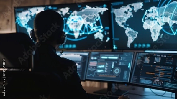 Fototapeta Close-up of a cybersecurity expertâ€™s monitors with live network threat maps, intense vigilance, strategic operations. -