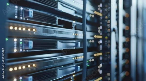 Fototapeta Detailed view of a server upgrade in a data center, close-up on new hardware being installed, tech evolution. 