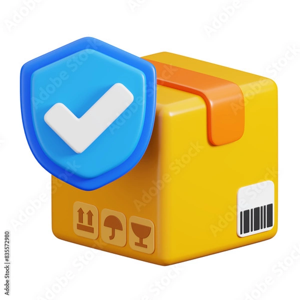 Obraz Cardboard box package with insurance protection symbol isolated. Delivery, shipping, transportation and Logistics icon concept. 3d Render illustration.