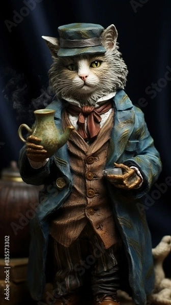Fototapeta realistic cat as a detective Sherlock Holmes style smoking pipe British, generative ai