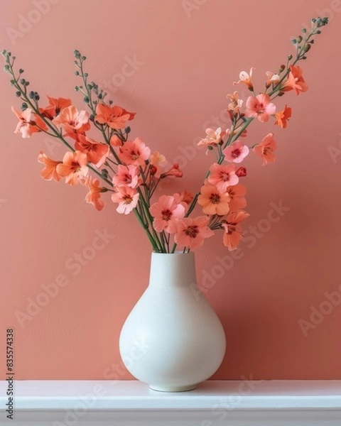 Fototapeta A beautiful still life image of a vase of orange freesias against a coral background. The image is simple and elegant, and would make a great addition to any home or office.