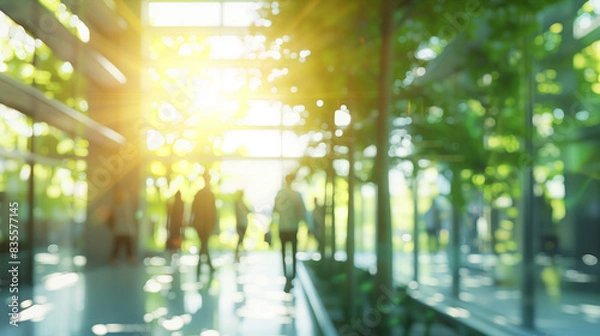 Fototapeta Blurred background of people walking in a modern office building with green trees and sunlight , eco friendly and ecological responsible business concept image with copy space