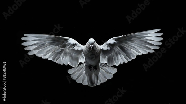 Fototapeta A dove captured in mid-flight against a black background, symbolizing peace, hope, and purity. Ideal for campaigns focused on peace initiatives, freedom, spirituality, and inspirational messages