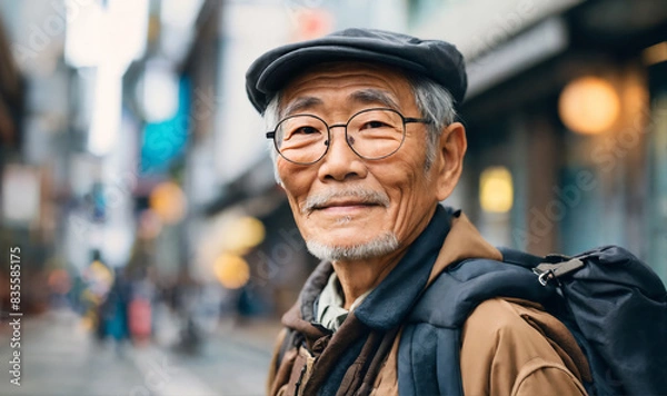 Fototapeta バックパックを背負って新しい街を訪れるシニア男性