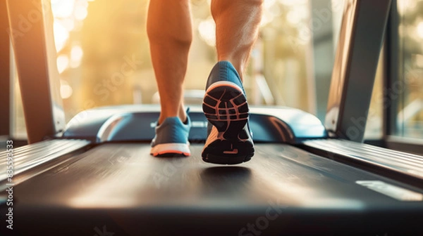 Fototapeta Close-up view of a man's feet running on a treadmill in a gym. Concept of fitness, exercise, and healthy lifestyle.