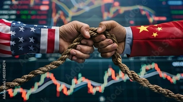 Obraz US-China Economic Tug of War: Symbolic Representation of Trade Tensions and Global Financial Rivalry - Generative AI