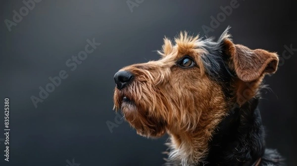 Fototapeta airedale terriers dog portrait wallpaper with good expression and blurred neutral background