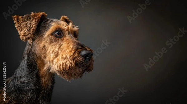 Fototapeta airedale terriers dog portrait wallpaper with good expression and blurred neutral background