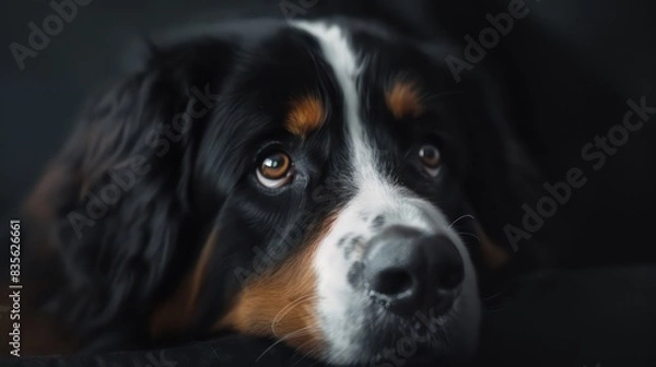 Fototapeta bernese mountain dog portrait wallpaper with good expression and blurred neutral background
