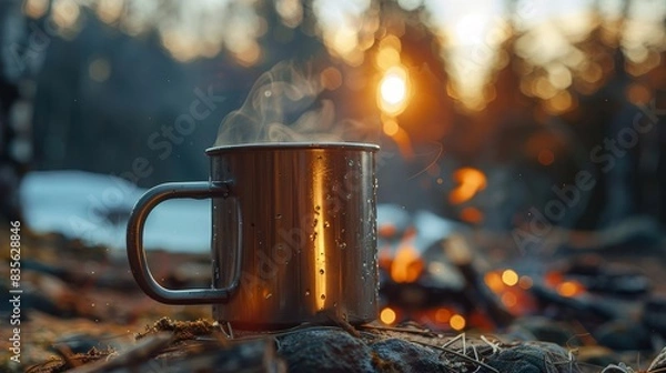 Fototapeta Metal cup of hot coffee, steam rising, with a bright campfire flickering in the background, close-up, perfect for camping ambiance