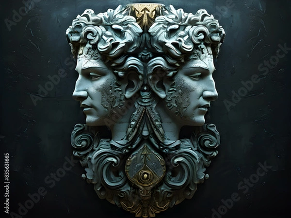 Obraz Janus, the two faces Roman anscient God. Janus wallpaper illustration concept with their faces turned away from each other