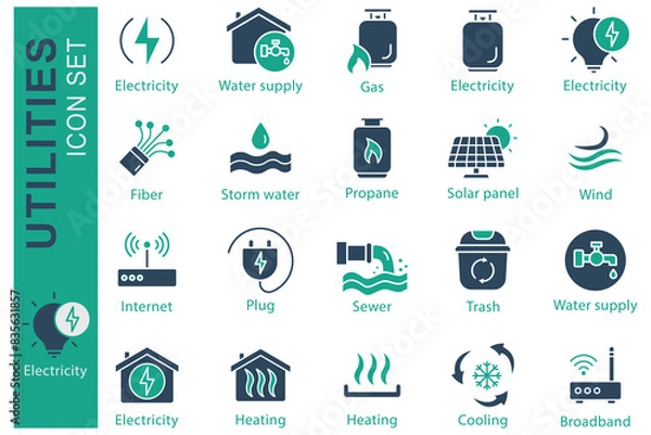 Obraz Utilities icon set. Electricity, Water supply, Propane, and more. solid icon style. utilities element vector illustration