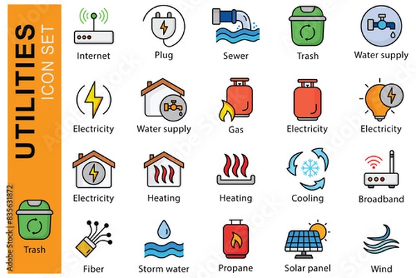 Fototapeta Utilities icon set. Electricity, Water supply, Propane, and more. colored outline icon style. utilities element vector illustration