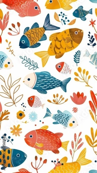 Fototapeta Seamless pattern with fish. Lovely, pretty pattern of fish and flowers, leaves. for fabric, silk, printing.