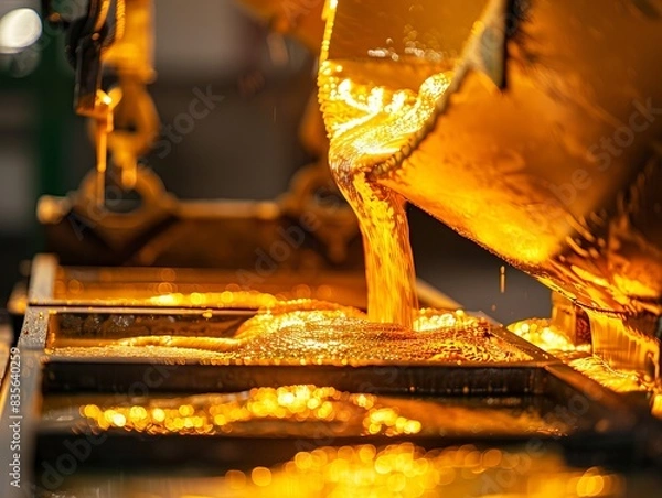 Fototapeta Gold refinery pouring molten gold into molds, liquid flow, front view, illustrating refining process, advanced tone, Complementary Color Scheme