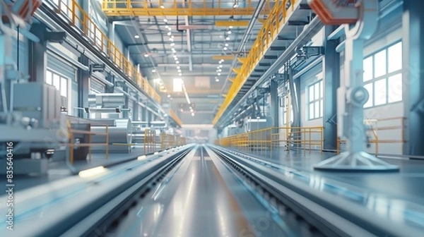 Obraz A modern factory with automated lines for cold formed steel, front view, illustrating efficiency in production, futuristic tone, colored pastel
