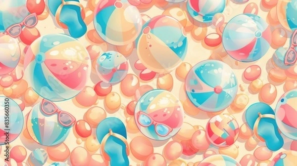 Fototapeta A whimsical pastel pattern of cartoon beach balls, flip-flops, and sunglasses, all in soft summer colors, creating a fun and playful design