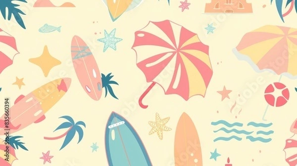 Fototapeta A cute summer-themed pattern with pastel-colored cartoon beach umbrellas, surfboards, and sandcastles, evoking a relaxing beach day