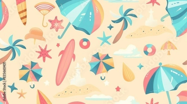 Fototapeta A cute summer-themed pattern with pastel-colored cartoon beach umbrellas, surfboards, and sandcastles, evoking a relaxing beach day