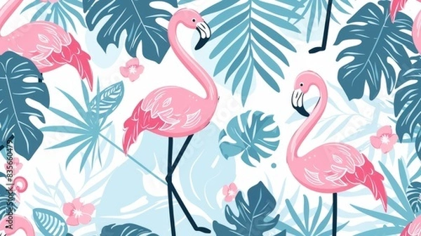 Obraz A lovely pattern with pastel cartoon flamingos, palm trees, and tropical leaves, creating a serene and tropical summer scene