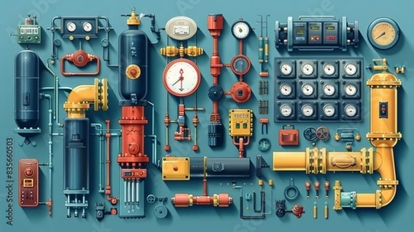 Obraz A flat lay composition of various industrial machinery and equipment