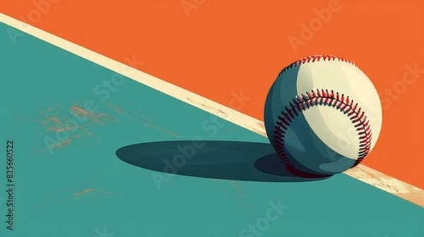 Obraz A flat vector illustration of a baseball on an orange and teal background