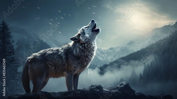 Obraz predator wolf howl moonlit night mountain dark forest.