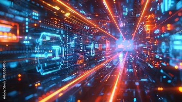 Fototapeta Hydroelectric Power Innovations Close-Up: Harnessing the Power of Water, Overlay layers with city background and holograms of technology icons are in the foreground, intersected by glowing neon