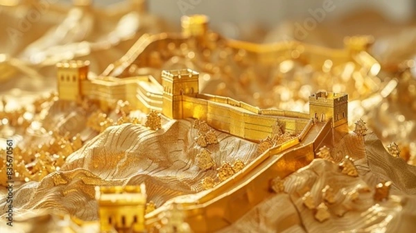 Fototapeta Gold sheet origami Great Wall of China A miniature Great Wall of China made from gold sheet, displaying its winding path and watchtowers