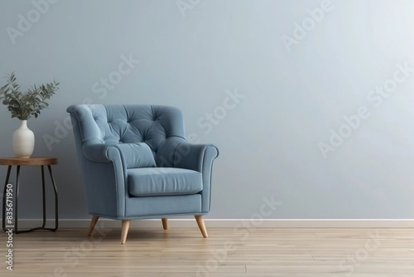 Obraz Interior home of living room with armchair and wood laminate table on empty wall copy space mock up, hardwood floor