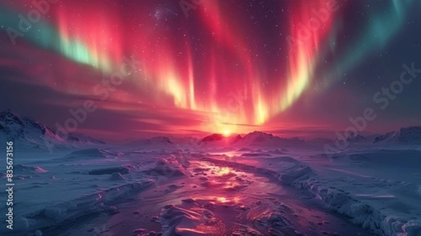 Obraz Stunning aurora borealis over a snowy Arctic landscape with vibrant colors illuminating the night sky. Natural wonder and breathtaking scenery.