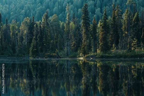 Fototapeta A forest with a lake in the background
