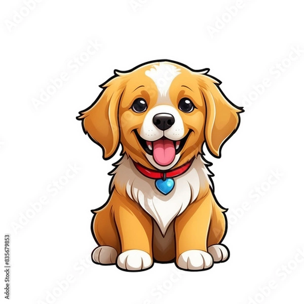Fototapeta Cute Childish Kawaii Golden Retriever Dog Character Sticker with Big Smile, Shiny Golden Fur and Sparkling Eyes, Thick Black Outline, Generative AI.