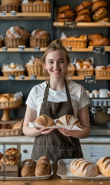 Fototapeta A smiling woman holding bread in front of a bakery.