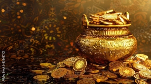 Fototapeta Side view of a golden pot overflowing with gold coins