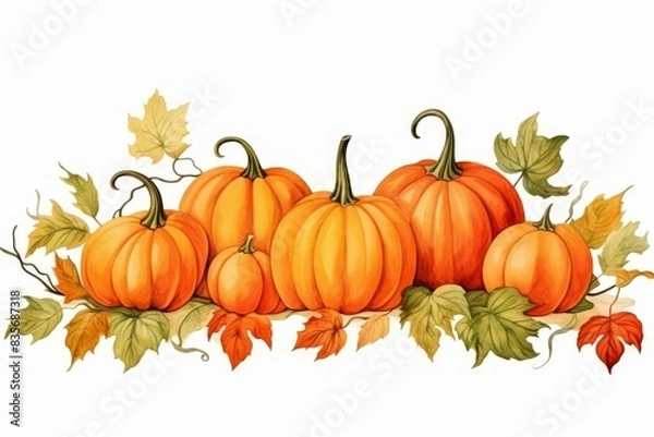 Fototapeta Pumpkin Patch Frame, Watercolor Autumn Seasonal Border, watercolor illustration, isolated on white background