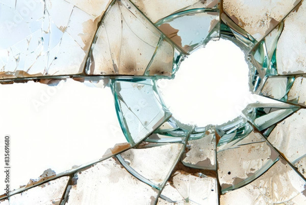 Fototapeta Glass Cracks Of A Broken Window With A Hole On A Neutral White Background Created Using Artificial Intelligence