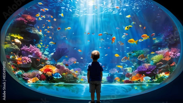 Obraz Silhouette of a child looking at fish in front of a fish tank