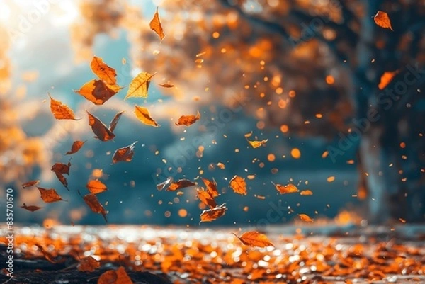 Obraz autumn scene in the park with falling leaves by generative ai