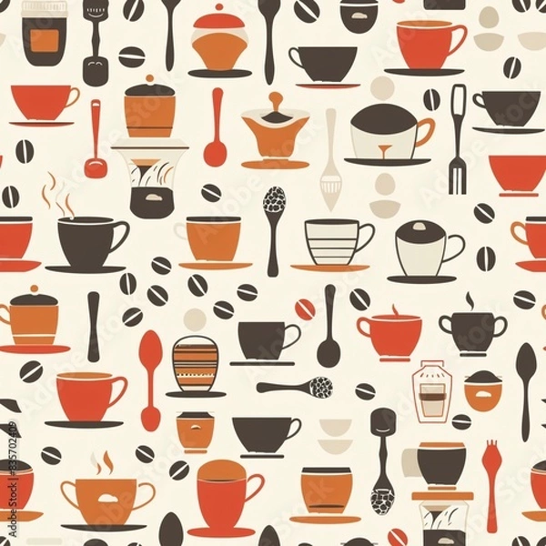 Fototapeta A seamless arrangement of coffee-related items including cups, mugs, coffee beans, and spoons, forming a vibrant and repetitive pattern