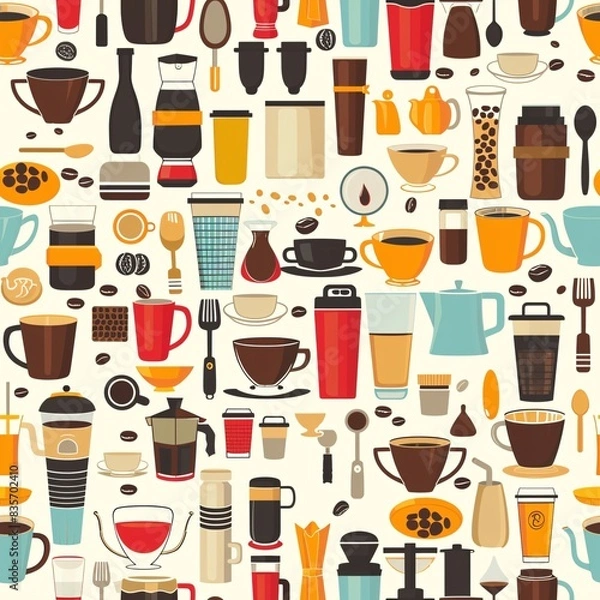 Fototapeta A seamless arrangement of coffee-related items including cups, mugs, coffee beans, and spoons, forming a vibrant and repetitive pattern