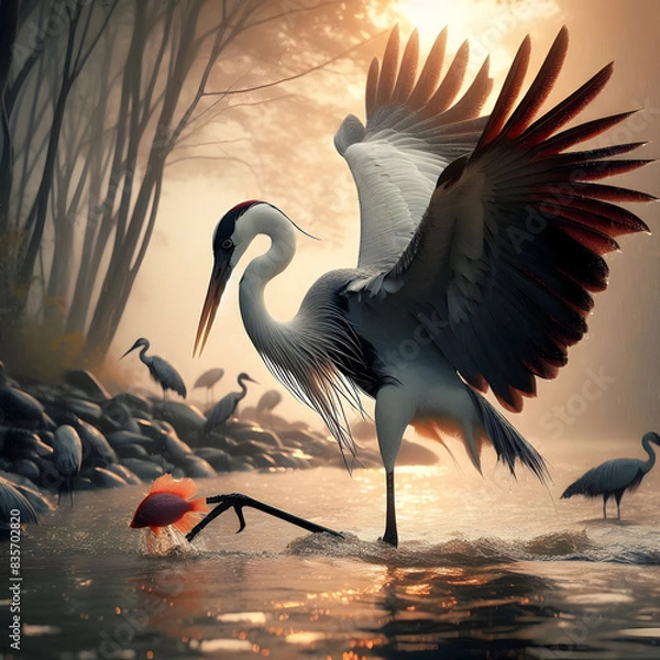 Fototapeta Many seagulls are sitting on the bank of a river while a seagull is trying to catch a red fish in the water.
