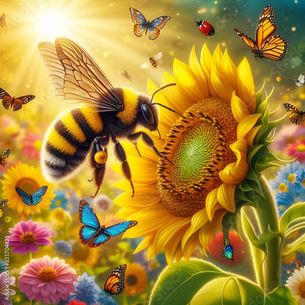 Fototapeta A beautiful bumblebee is also on a sunflower flower and how many butterfly are flying over it with sunrise.